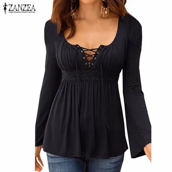 

Plus Size Sexy Lace Patchwork Tops 2020 ZANZEA Autumn Women Blouse Long Sleeve Shirt Chemise Female V Neck Stretch Blusas Tee