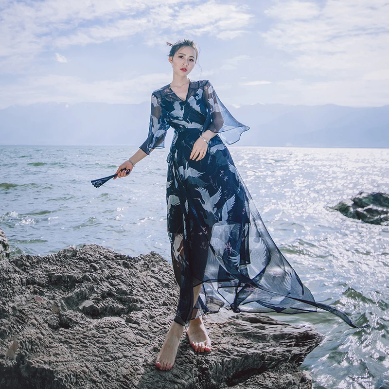 

New Women dresslt Loose Print Chiffon Spaghetti Strap Antique Cranes Hanfu Render Dresses Dark Blue 8983