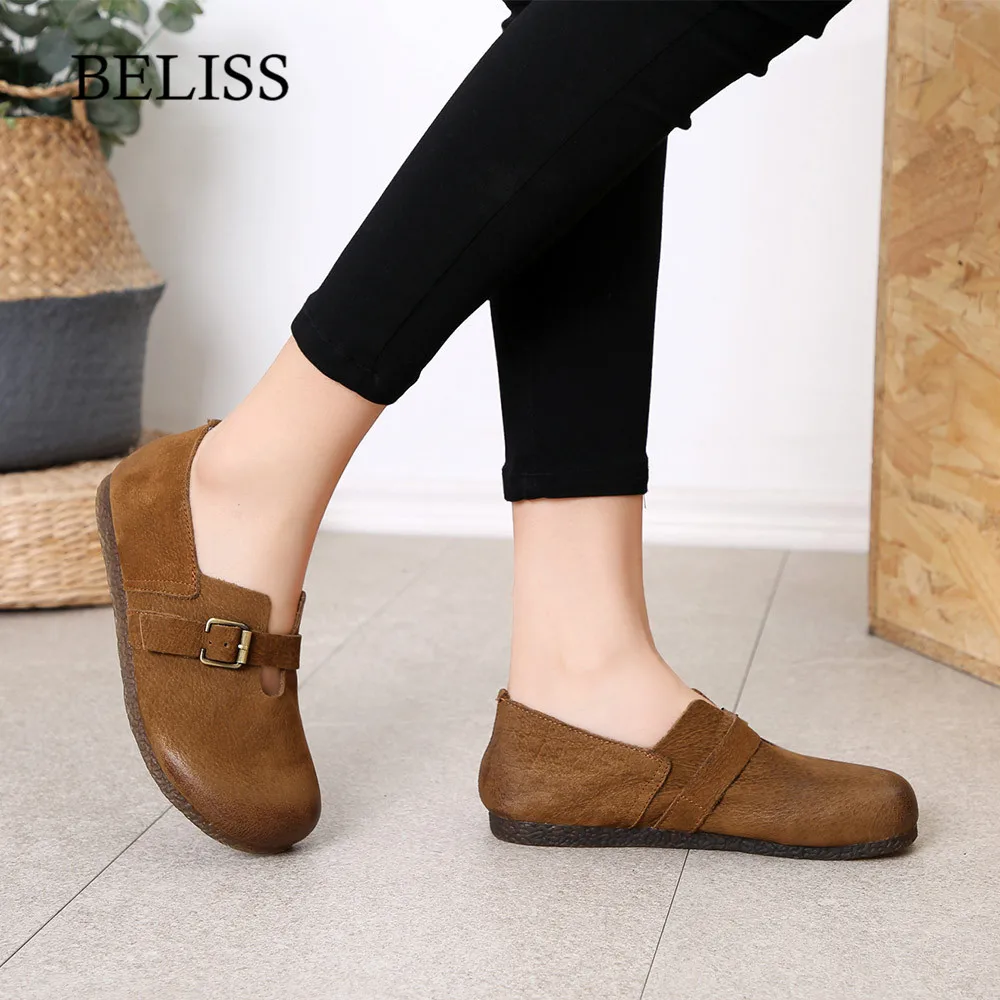 

BELISS Spring Autumn Women Flats Shoes Round toe Mary Jane Soft Leather Casual Flats Shoes Buckle Strap Ladies Loafers Shoes P24