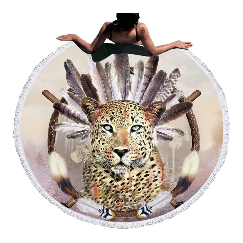 

3D Leopard Round Beach Towel Dreamcatcher Towel Large For Adult 3d Animal Tribal Toalla Tassel Feather Print Yoga Mat