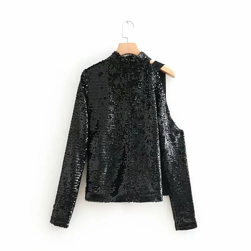 Vintage Black Stand Collar Sequined Patchwork Long Sleeve Top New Women Casual Cold Shoulder Slim Sexy T-shirt