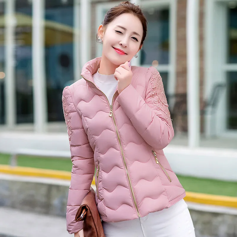 Fashion Autumn Winter Jackets for Women Warm Solid Slim Stand-collar Short Parkas Lace Embroidered Female Outwear Cotton Padded