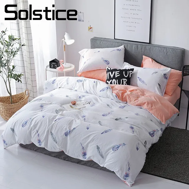 US 30 OFF Solstice Home Textile White Orange Feather Printed Duvet Cover Pillowcase Bed Sheet Girl Teen Bedding Linen Set Queen Bedclothes In
