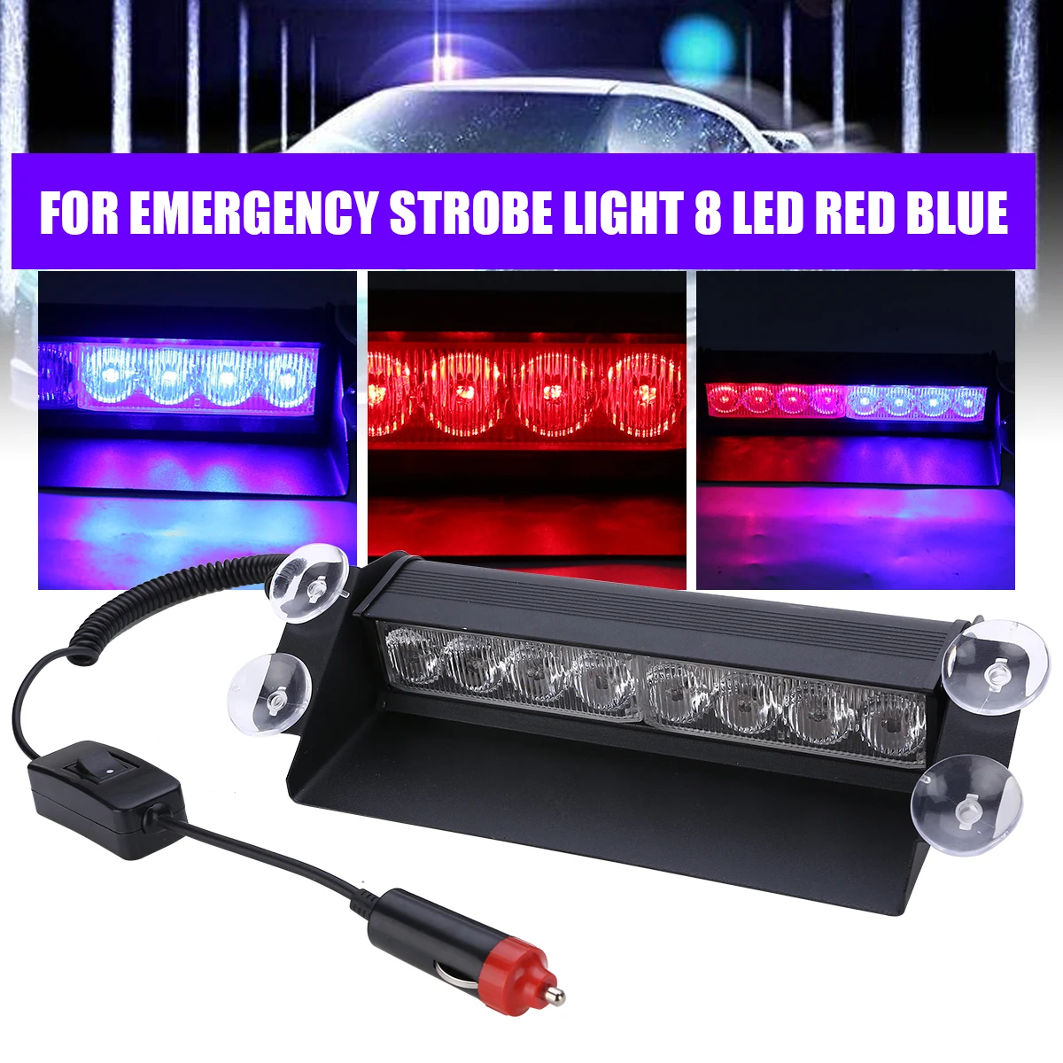 

DC 12V Car Emergency Signal Lamp Red+Blue 8LED Car Dash Strobe Flashing Light 3 Modes 90 Degrees WITH 4 Suction Cups Lights