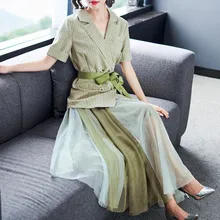Summer Skirt Suits Short Sleeved Striped Blazer Jacket Top Contrast Color Mesh Midi Skirt Office Lady Two Piece Set Summer Skirt Suits Short Sleeved Striped Blazer Jacket Top Contrast Color Mesh Midi Skirt Office Lady Two Piece Set