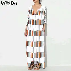 2019 VONDA женское летнее праздничное Макси длинное платье в полоску клетчатое повседневное семь рукав сексуальный v-образный вырез пляжный