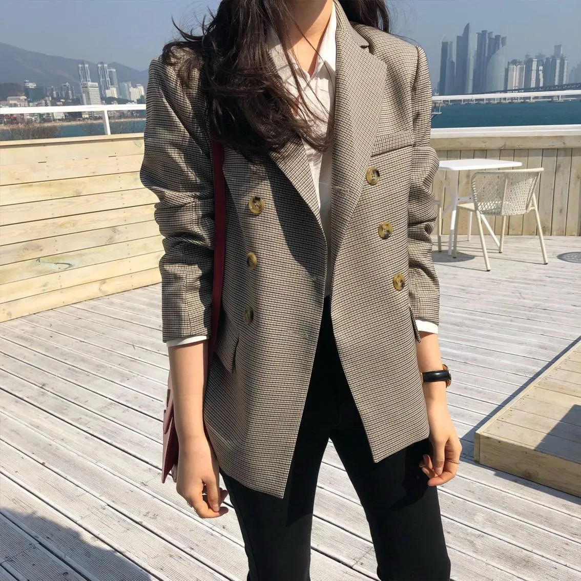 

2019 New Women Double Breasted Plaid Jacket Blazers Button Fashion Notched Collar Houndstooth Blazer Female Loose Outwear