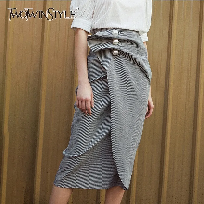 

TWOTWINSTYLE Striped Skirts Female High Waist Pearls Buttons Asymmetrical Pencil Skirt For Women Korean Fashion 2019 Spring