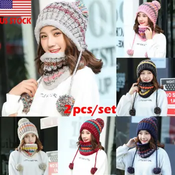 

2Pcs Scarf Hat Set Women Winter Warm Solid Pompoms Knitted Soft Caps Scarves Hot New Plush Knit Woman Venonat Hat Scarf Set