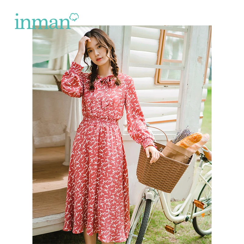 

INMAN 2019 Spring New Arrival V-neck Literary Floral Defined Waist Slim Loose Women Medium A-line Dress