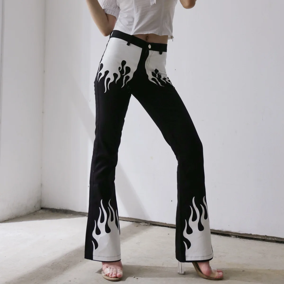 Harajuku Rock White Flame Tie Dye Trousers Women's Slim High Waist