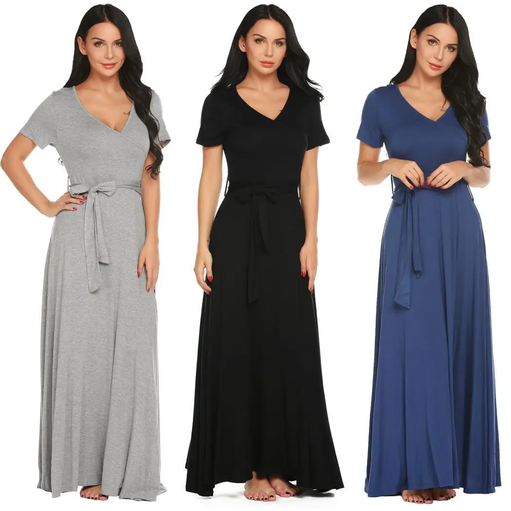 

V Summer Women Belt Gray Sleeve Length Casual With Solid Navy Blue Neck Short Light Dress Maternity Maxi Floor Black