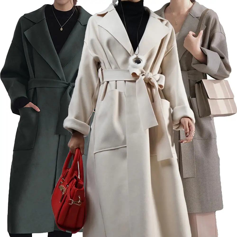 Женские куртки для девочек, пальто из смесовой шерсти с поясом, длинное пальто, пальто с воротником с лацканами, Тренч, куртка-парка, верхняя