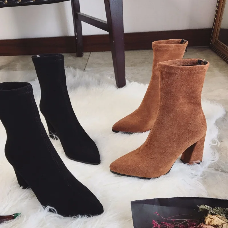 

STAN SHARK Woman Spring Autumn Faux Suede Women Sock Boots Thick High Heels Ankle Boots for Women Fashion Slim Stretch Shoes
