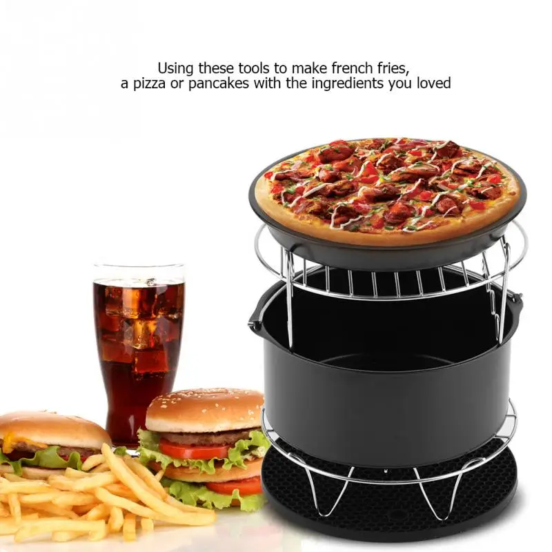 

7 Inch 7pcs/set Air Fryer Accessories Kit Pizza Pan Cake Barrel Metal Food Clip New