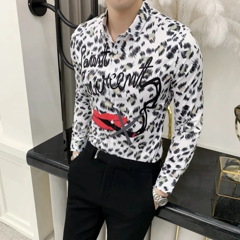 

Spring Summer Long Sleeve Slim Fit Shirts Night Club Chemise Homme Fashion Fun Pattern Print Flower Shirt Man Camisa Masculina