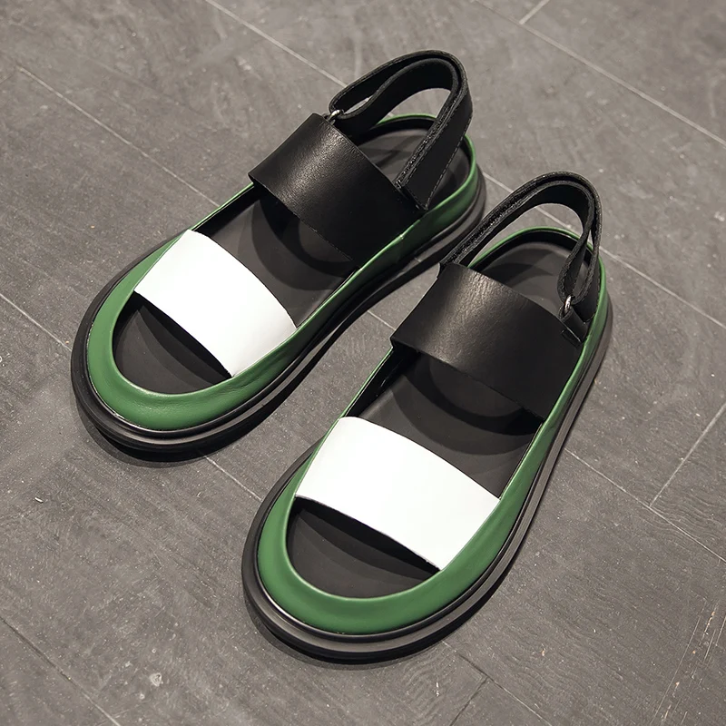 

2019 Fashion Summer Men Sandals Genuine Cow Leather Shoes Mixed Color Hook-Loop Casual Gladiator