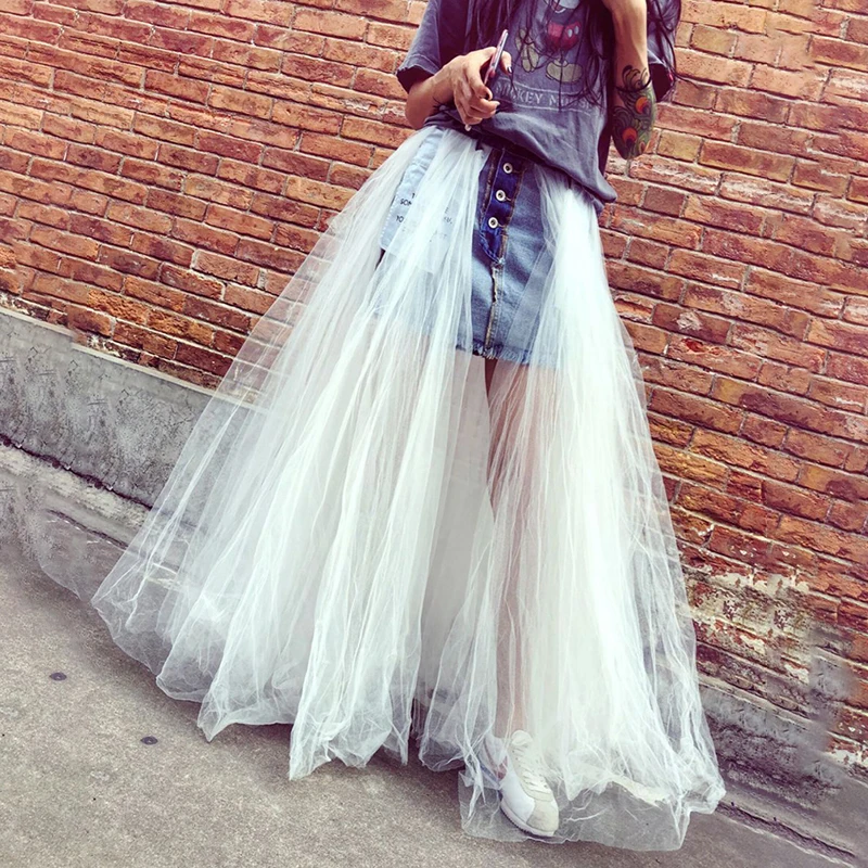 LANMREM 2019 الربيع الصيف جانبي ارتداء الدنيم خليط شبكة تنورة للنساء الأزياء تصميم جديد كل مباراة الإناث قيعان YG596