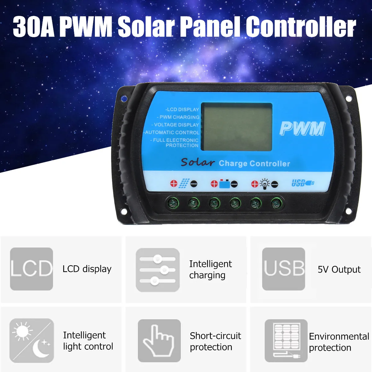 

30A Solar Charge Controller PWN USB LCD Display 12V 24V Auto Solar Cell Panel Charger Regulator