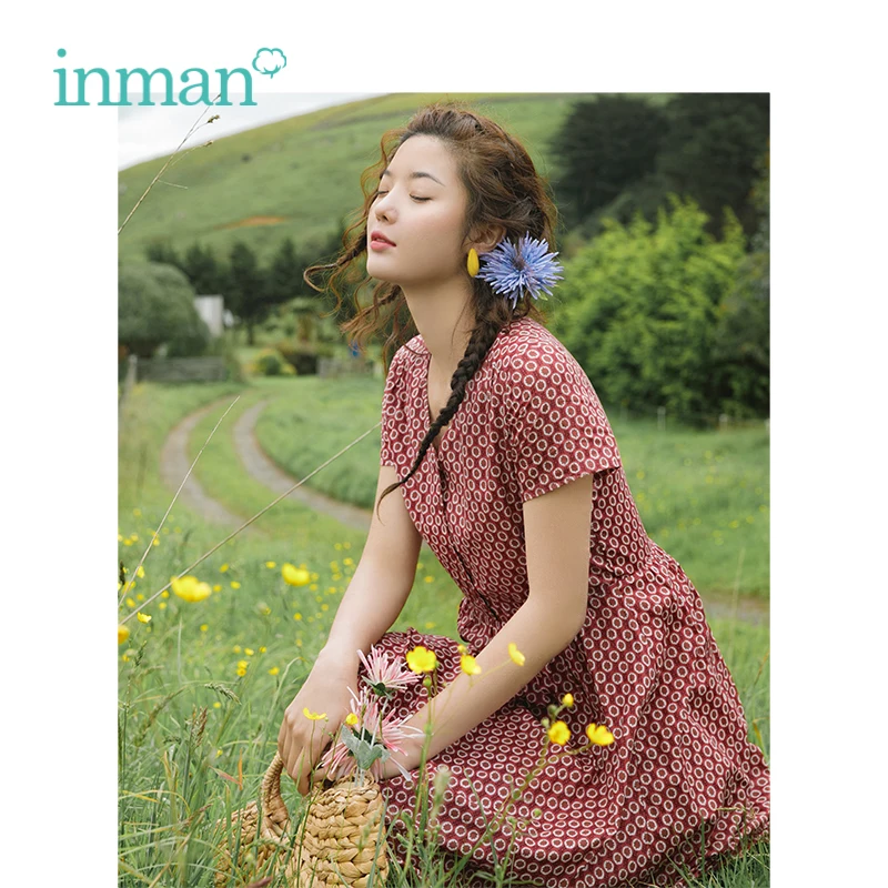 

INMAN 2019 Summer New Arrival V-neck Striped Floral Retro Hongkong Style Defined Waist Slim All Matched Women A-line Dress