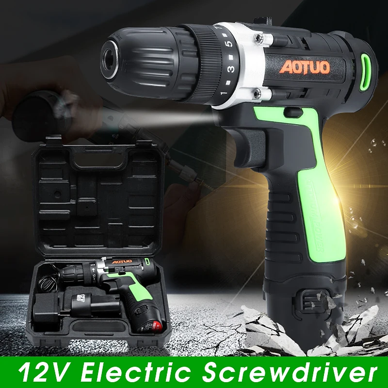 

12V Li-Ion Rechargeable Power Drills Cordless Electric Screwdriver Household Rechargeable Single/Double Speed 2X battery