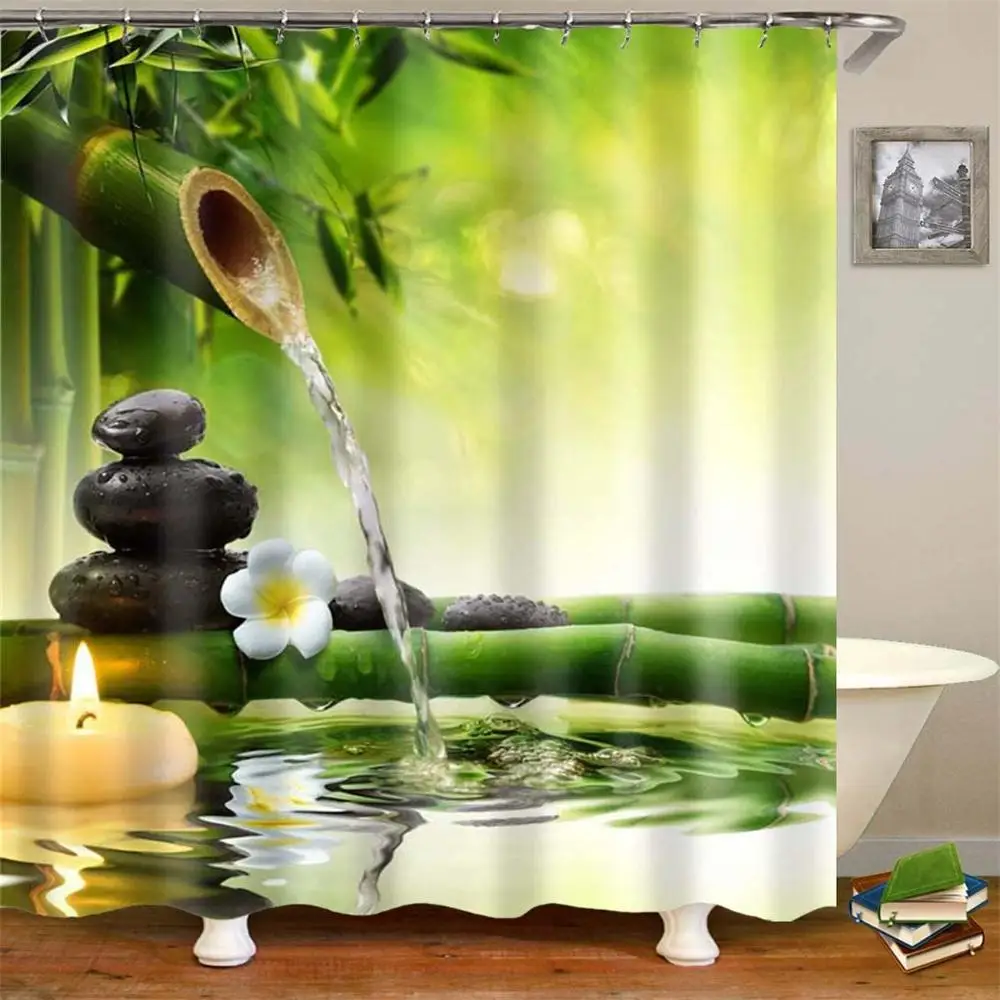 

Nature Bamboo Shower Curtain Spring Forest Tree With Bridge Decor Bath CurtainPolyester Fabric Bathroom Shower Curtain