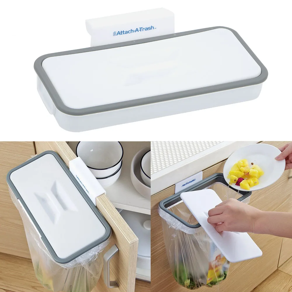 

Cupboard Door Back Hanging Storage Racks Kitchen Accessories Garbage Bag Holder Trash Rack with Lid Kitchen Garbage Bag Holder