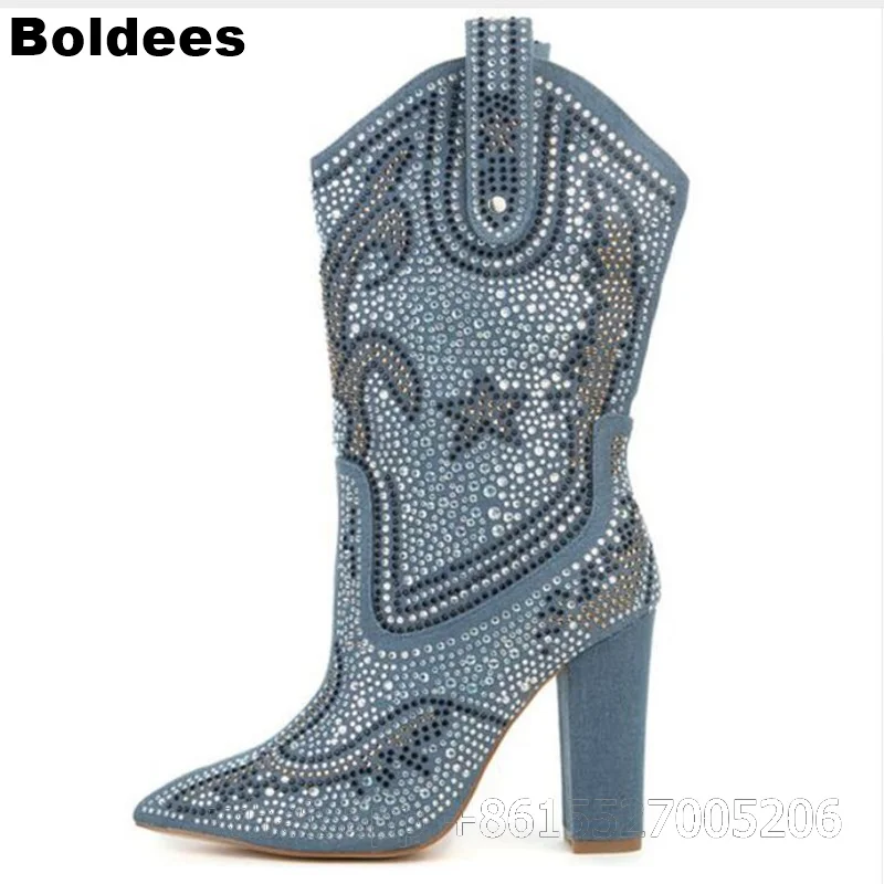 

Bright Color Light Blue Denim Jeans Women High Heel Rhinestons Designer Ankle Boots Geometry Chunky Heeled Crystal Booties