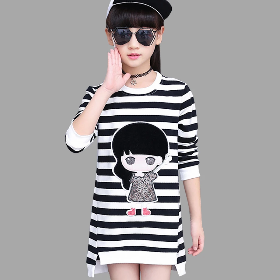 

Girls Dress Autumn Spring Cartoon Teenage Dresses For Girls 2018 Striped Kids Dresses For Girls 6 8 10 12 Children Clothes