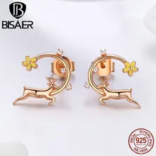 BISAER 925 пробы серебряные рождественские серьги-гвоздики в виде оленя для женщин Sika Deer модные серьги ювелирные изделия EFE014