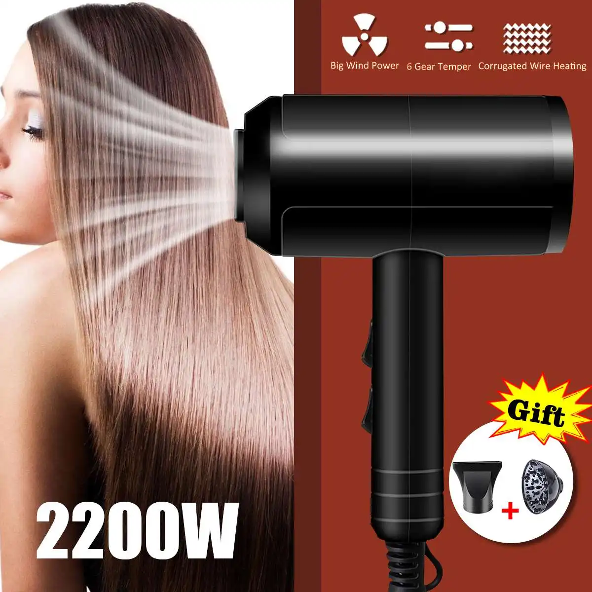 

Professional 220V 2200W Hair Dryer Powerful Thermostatic Hair Dryer Power Hair Accessories Cold&Hot Wind for Home Use