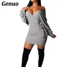 Genuo long sleeve knitted autumn winter dresses women deep v neck casual elastic waist lace up bandage sweater sexy mini dress autumn winter women pullover sweater sexy deep v neck black color sweater dresses hollow lace up short knitted dress for ladies