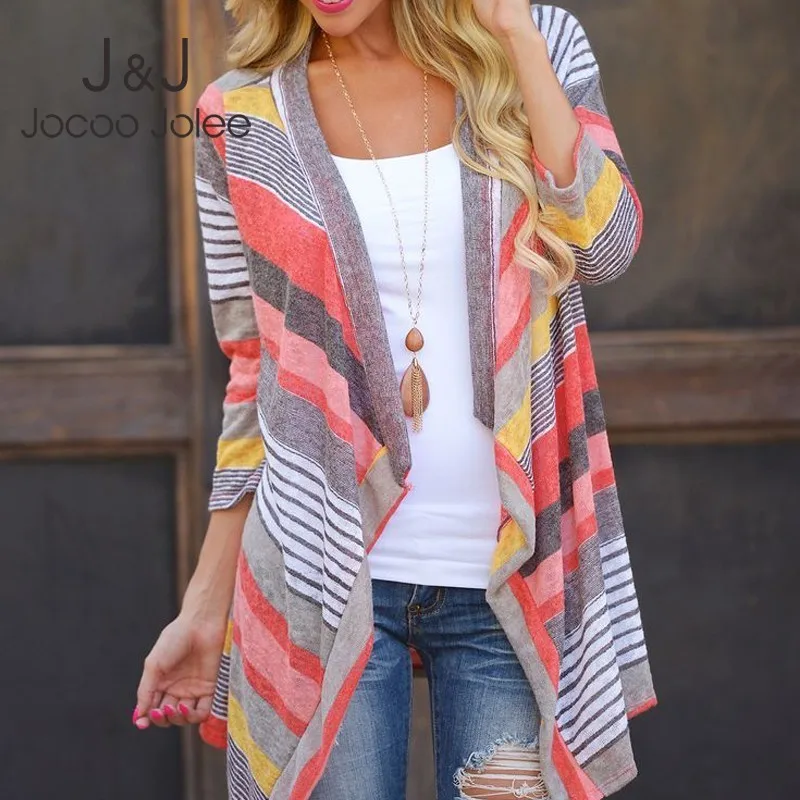 Jocoo Jolee Women Colorful Striped Knitted Sweater 3/4 Sleeve Irregular Cardigans 2019 New Fashion Loose Coat Casual Outwear |