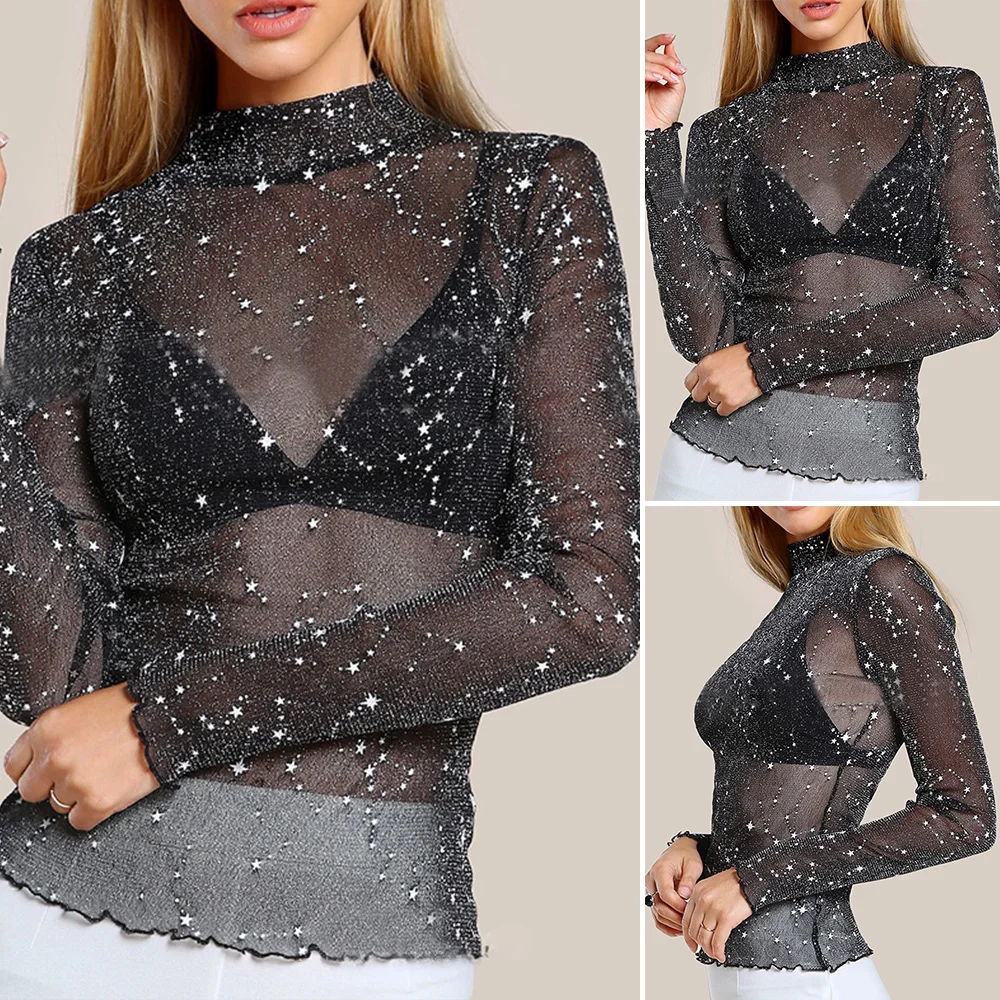 Женская прозрачная рубашка с длинным рукавом повседневные сетчатые прозрачные