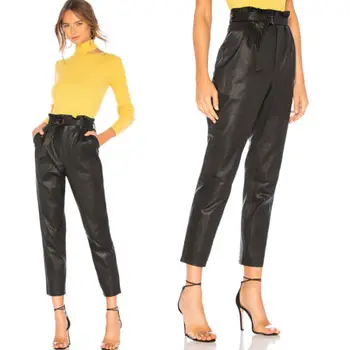 

2019 Spring Autumn Black Women Casual Skinny Pant PU Leather Wet Look High Waist Stretch Slim Ladies Trouser