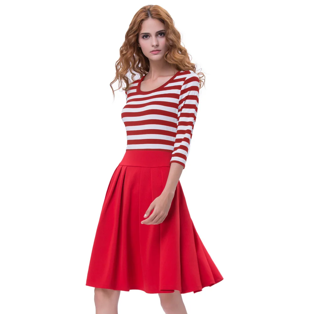 

Fashion Modern Women Dresses Navy Style Stripe Pattern 3/4 Sleeve Crew Neck A-line Dress Youth Energetic Casual Women Dress