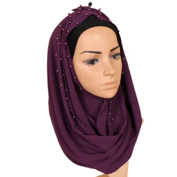 

2018 Fashion muslim scarfs for women Headscarf Chiffon Scarf Crushed Monochrome Nail Pearl Hijab Shawl Wholesale