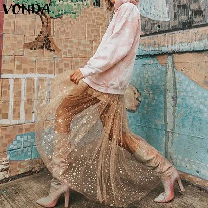 

2019 VONDA Summer Skirt Women Vintage Sexy Bling Mesh Long Skirts Casual Loose Femme See Though Layered Skirt Plus Size S-5XL