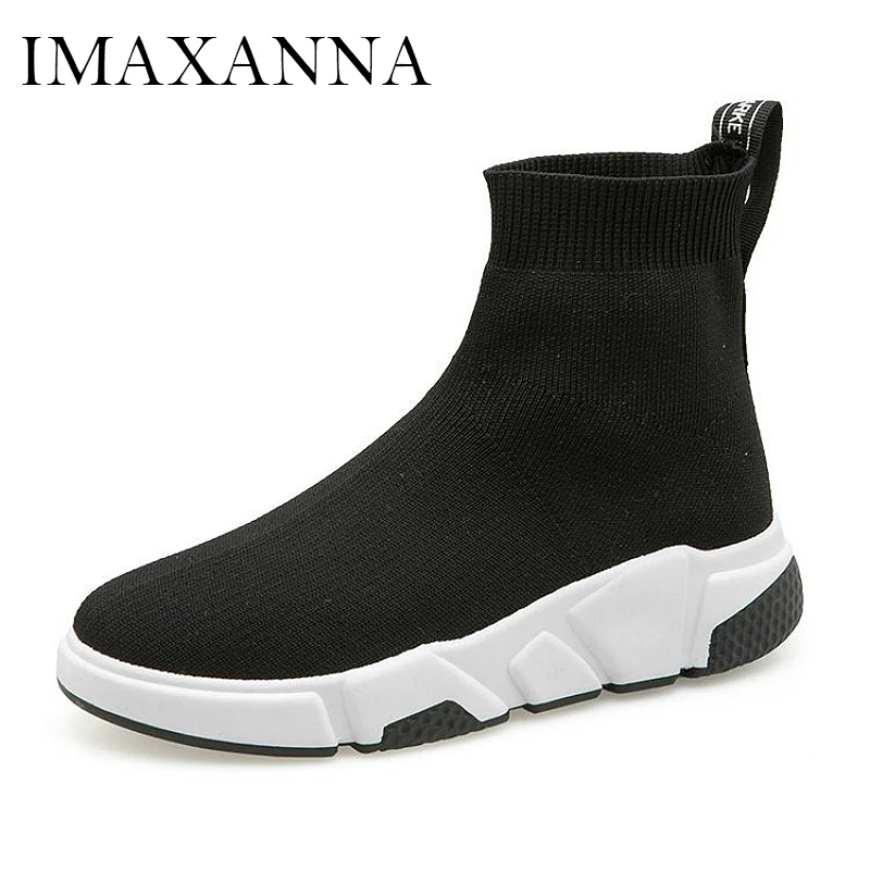 

IMAXANNA New Sneaker Women 2019 Kint Upper Breathable Sport Shoe Lace Up Sock Boots Woman Chunky Shoe Fashion High Top Run Shoes
