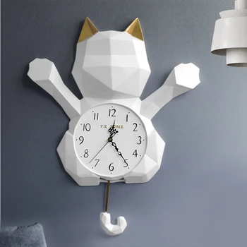 

Wall Clock Modern Design For Living room Watches resin cat statue Swing Clock in wall ornament Fashion Creative Home Decoration