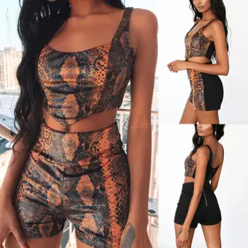 

US Sexy Women Classic Snake Print Jumpsuit Set Bodycon Crop Top Short Pants 2Pcs