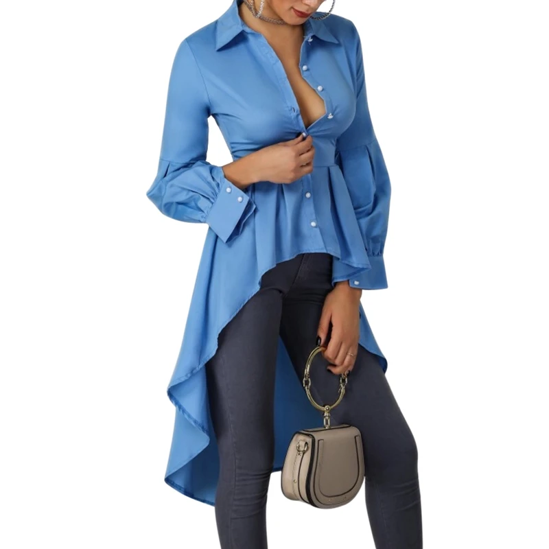 

Women Spring Autumn Fashion Tuxedo Dresses Clothing Button Long Sleeve Solid Color Blouse Lantern Sleeve Shirts Irregular Dres