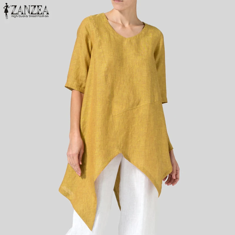 

2019 ZANZEA Plus Size Women Blouse Shirt Ladies Casual Office Work Blusas Asymmetrical Hem Tunic Tops Womens Clothing Large Size