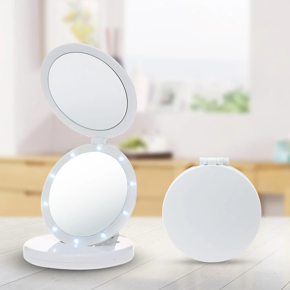 

LED Lighted Travel Makeup Mirror Double-sided Adjustable Stand Desk Mirror Tri-fold 5X Magnifying Cosmetic Mirror