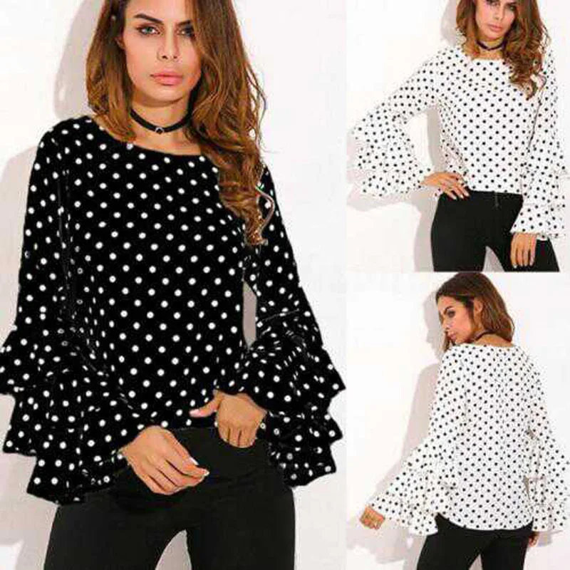 

Uguest Women's Retro Shirt Ruffles Long Sleeve Flare Sleeve Round Neck Polka Dot Summer Plus Size Casual Shirt S-5XL 6 Colors