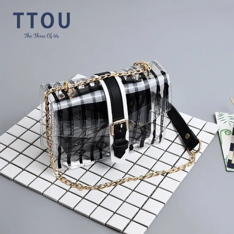 

TTOU Women Fashion Messenger Bag Set 2pcs Transparent PVC Crossbody Bag Female Candy Color Jelly Chain Bag Beach Bag