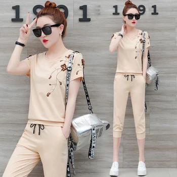 

new spring and summer suit Korean fashion leisure two-piece embroidered sweatshirt capris pants slim outfit vestidos M-3XL