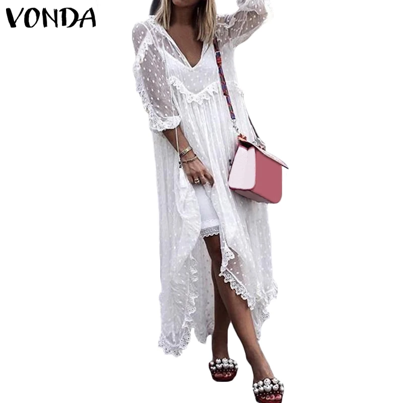 VONDA, женское кружевное платье,, летнее, сексуальное, v-образный вырез, в горошек, полые, асимметричный подол, платья размера плюс, Vestidos 5xl