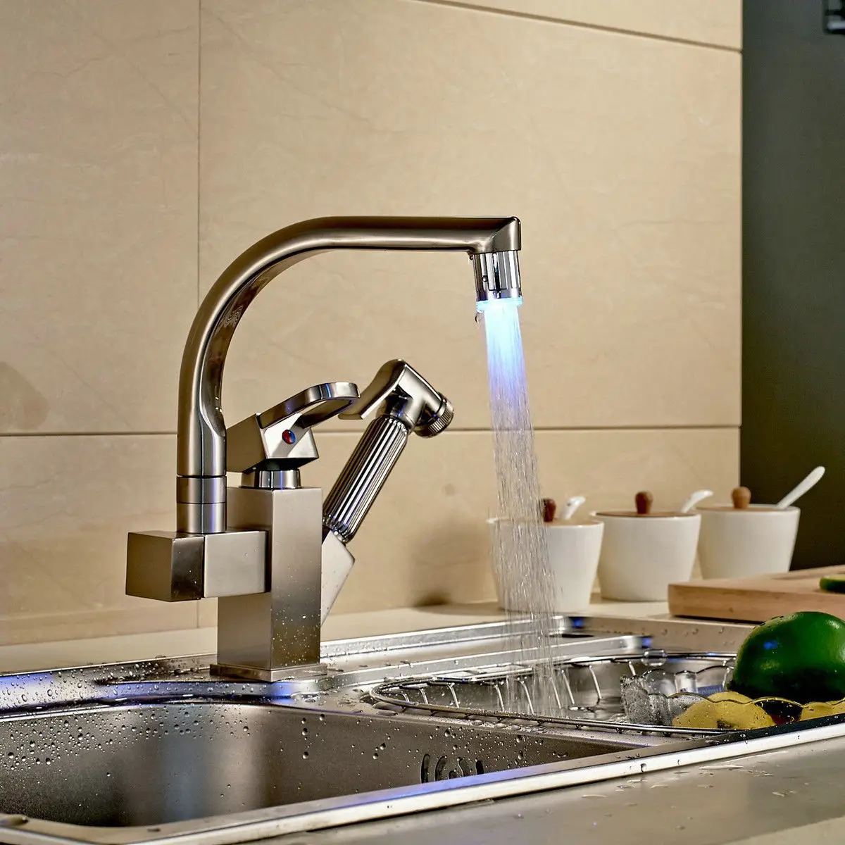 

LED Pull Out Swive l Spout Tap Nickel Home Kitchen Basin Sink Faucet Mixer Spray Kitchen Faucets