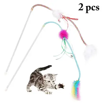 

2pcs Pet Cat Teaser Multi Color Bird Feather Cat Wand With Bell Cat Catcher Teaser Stick Cat Interactive Playing Training Toys